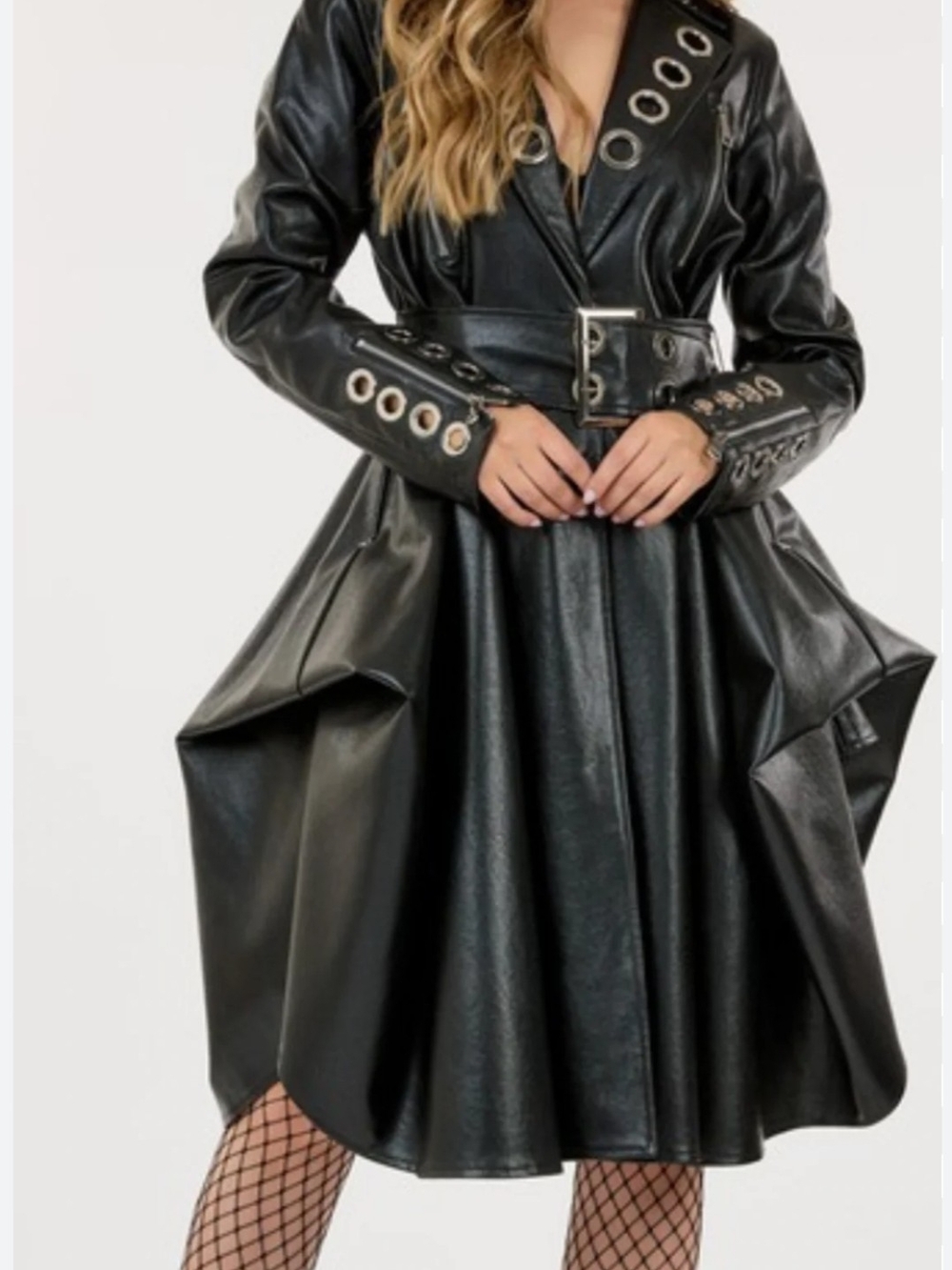 Grommet-Trim Faux Leather Trench Coat in Forest Green - Picture 4 of 5
